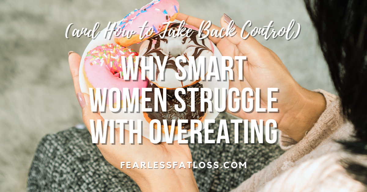 Some smart women struggle with overeating a plate of donuts.